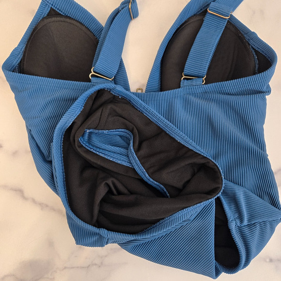 Kona Sol Womens Ribbed One Piece Swimsuit Small Blue Zipper Front Resort Beach - Picture 7 of 13